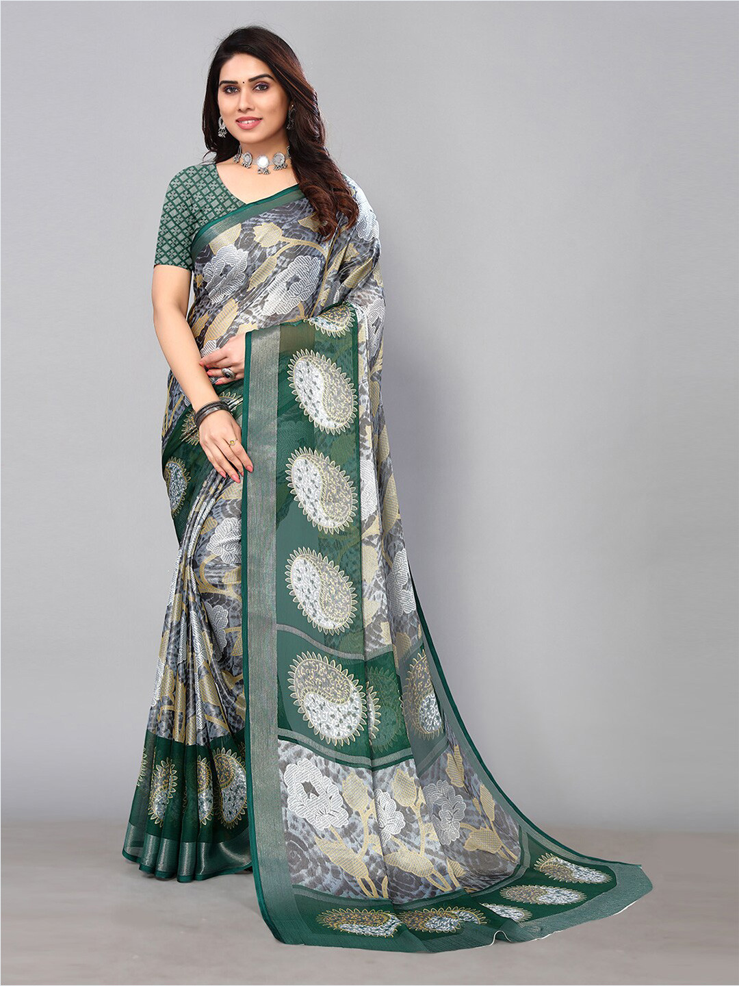 

KALINI Floral Zari Saree, Grey
