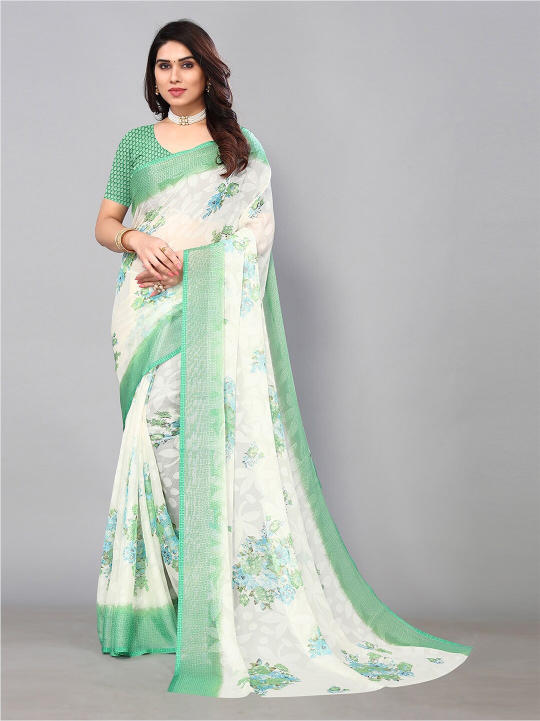 

KALINI Floral Printed Saree, Off white