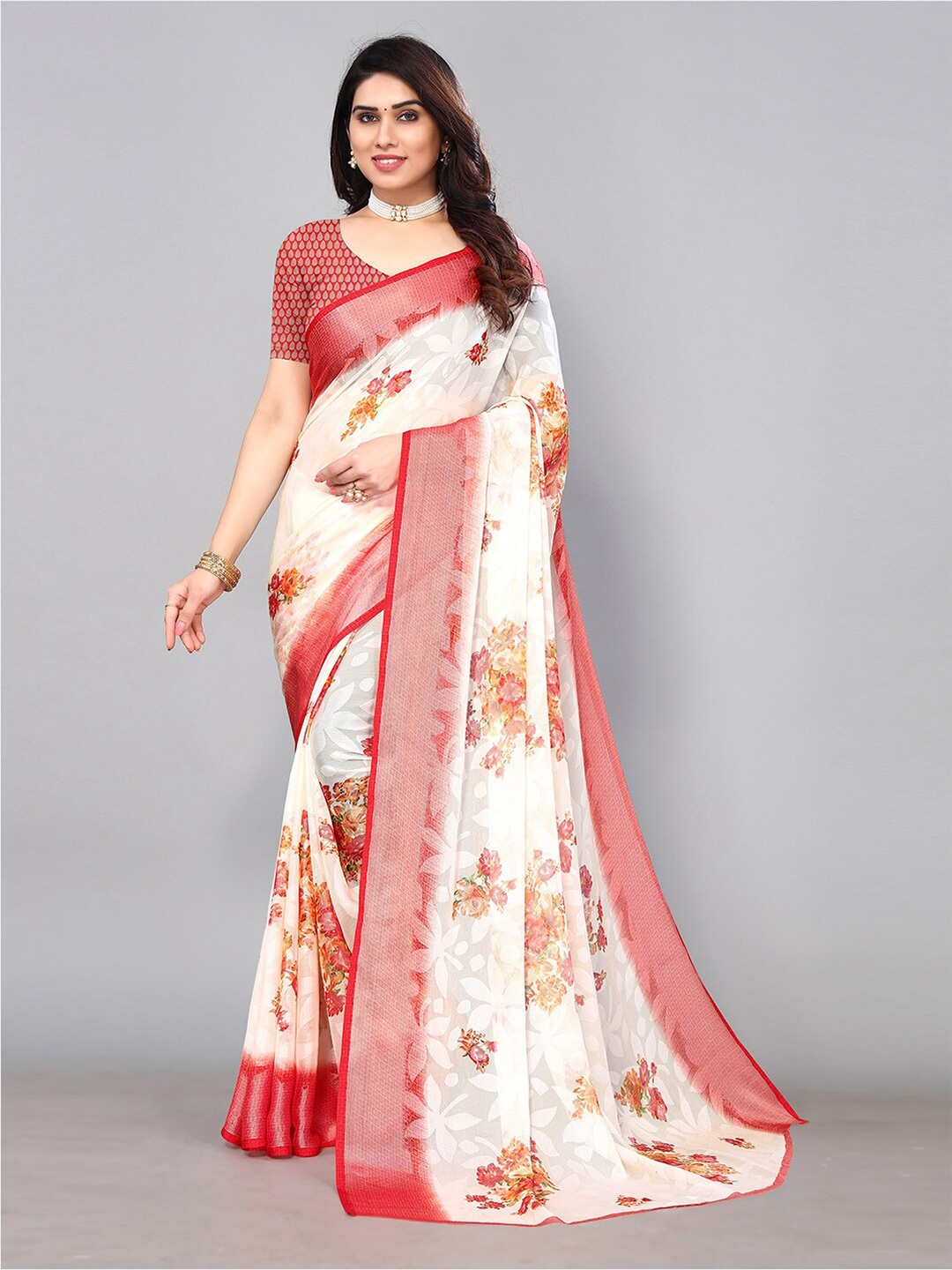

KALINI Floral Printed Zari Saree, Off white