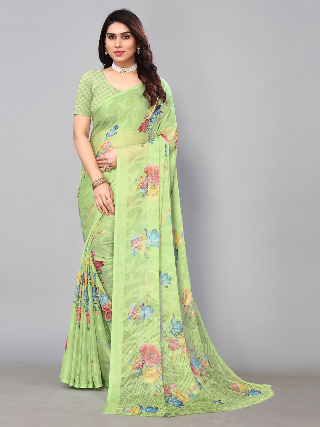 

KALINI Floral Printed Saree, Olive