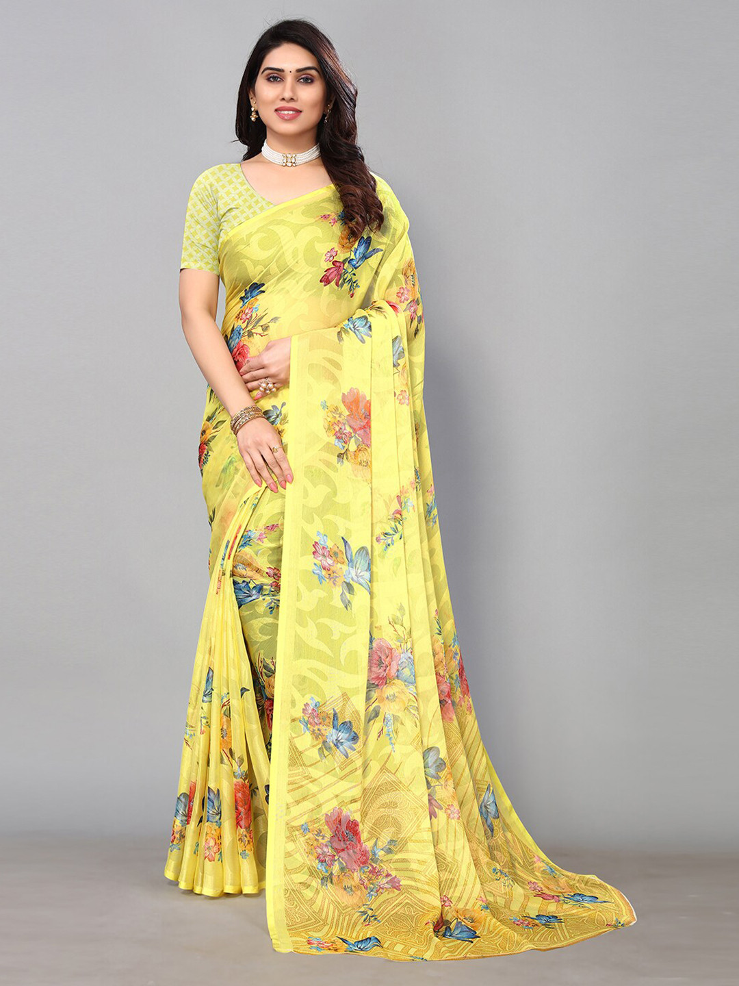 

KALINI Poly Chiffon Floral Printed Saree, Yellow