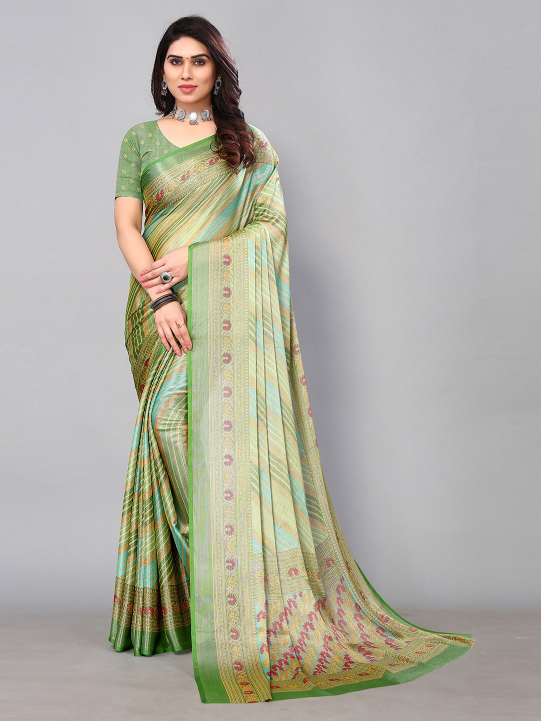 

KALINI Striped Woven Design Zari Border Saree, Green