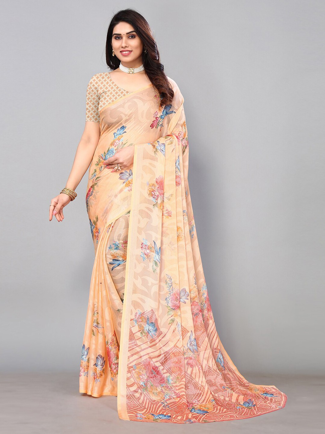 

KALINI Floral Printed Saree, Peach