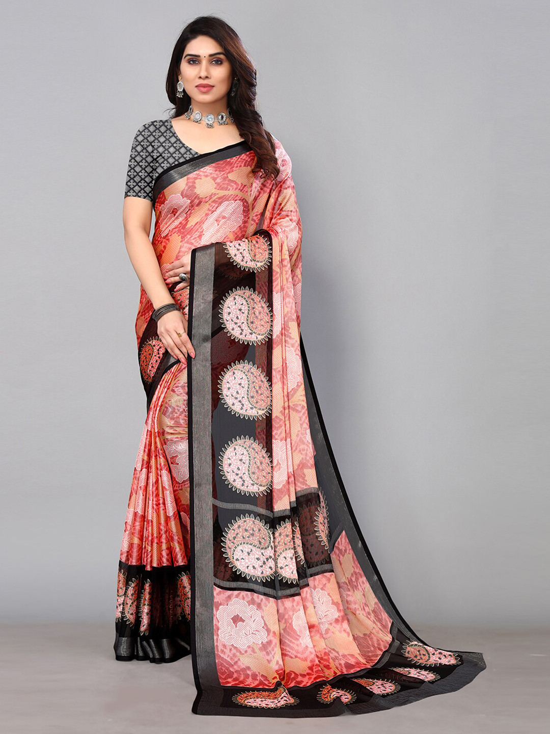 

KALINI Poly Chiffon Printed Saree With Blouse Piece, Rose gold
