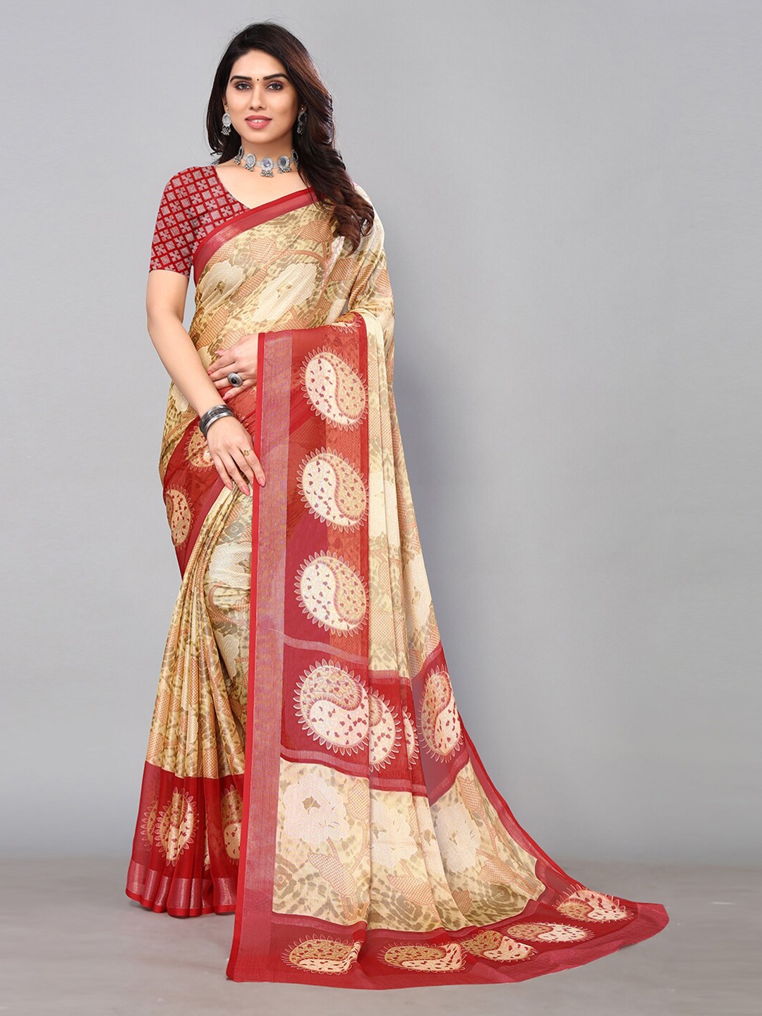 

KALINI Floral Printed Saree, Beige