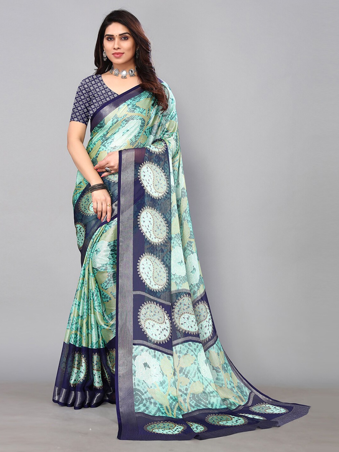 

KALINI Floral Printed Woven Design Zari Border Saree, Blue