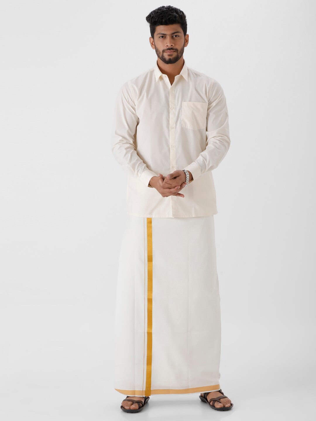 

Ramraj Men Cotton Shirt with Veshti Set, Beige