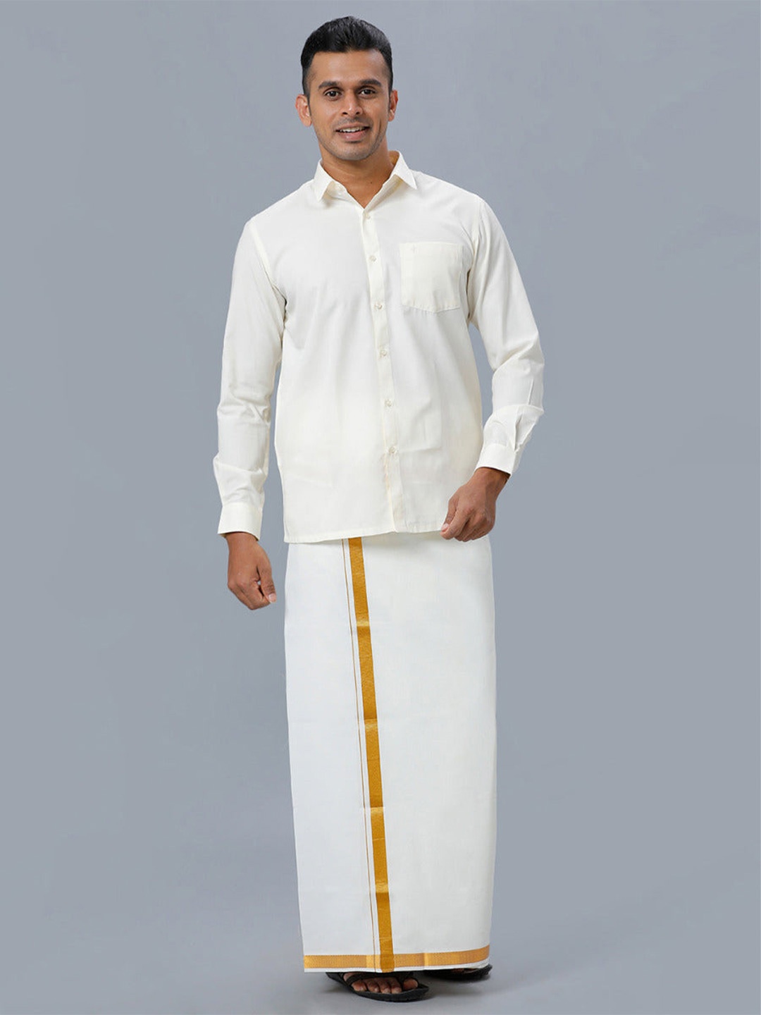 

Ramraj Men Cotton Shirt with Veshti Set, Beige