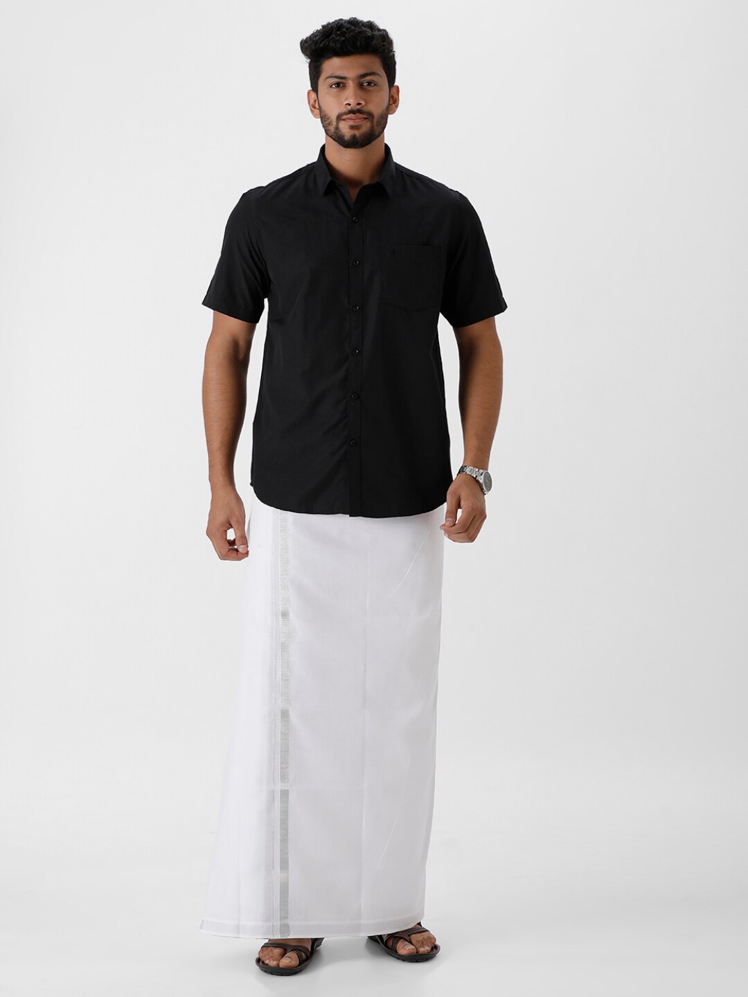 

Ramraj Men Cotton Shirt with Veshti Set, Black
