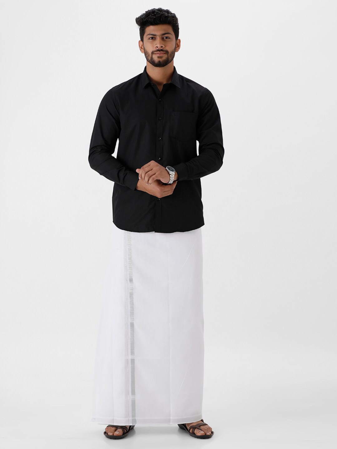 

Ramraj Men Pure Cotton Shirt With Zari Border Dhoti, Black