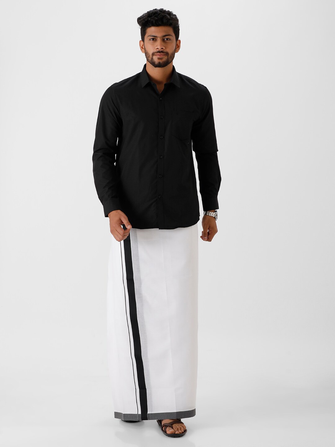 

Ramraj Men Pure Cotton Shirt With Zari Border Dhoti, Black