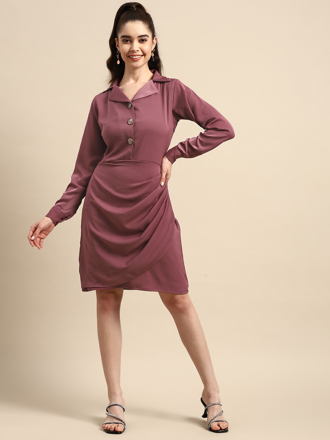 

WoowZerz Satin Shirt Drape Dress, Pink