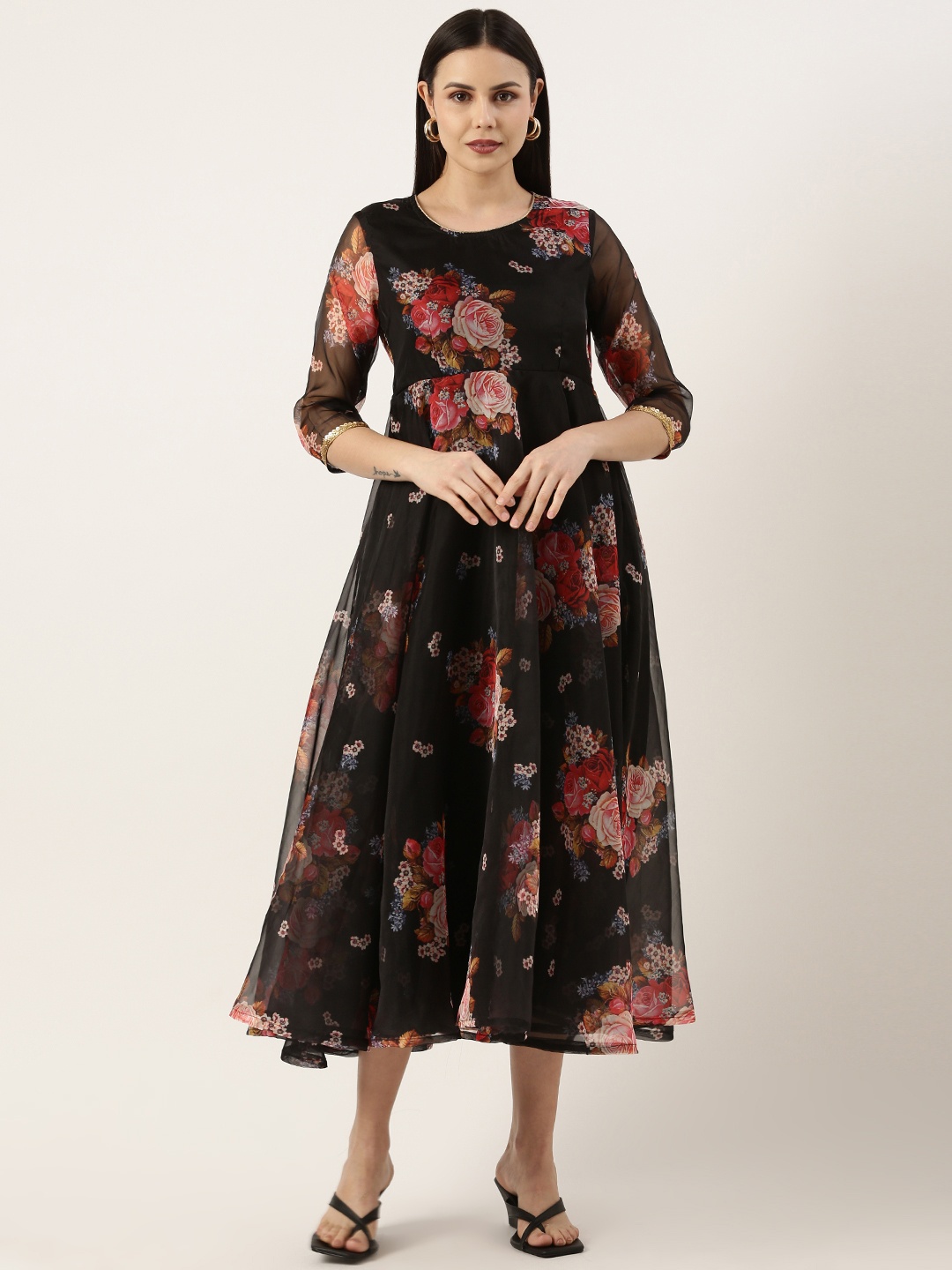 

SWAGG INDIA Floral Printed Organza Midi Dress, Black