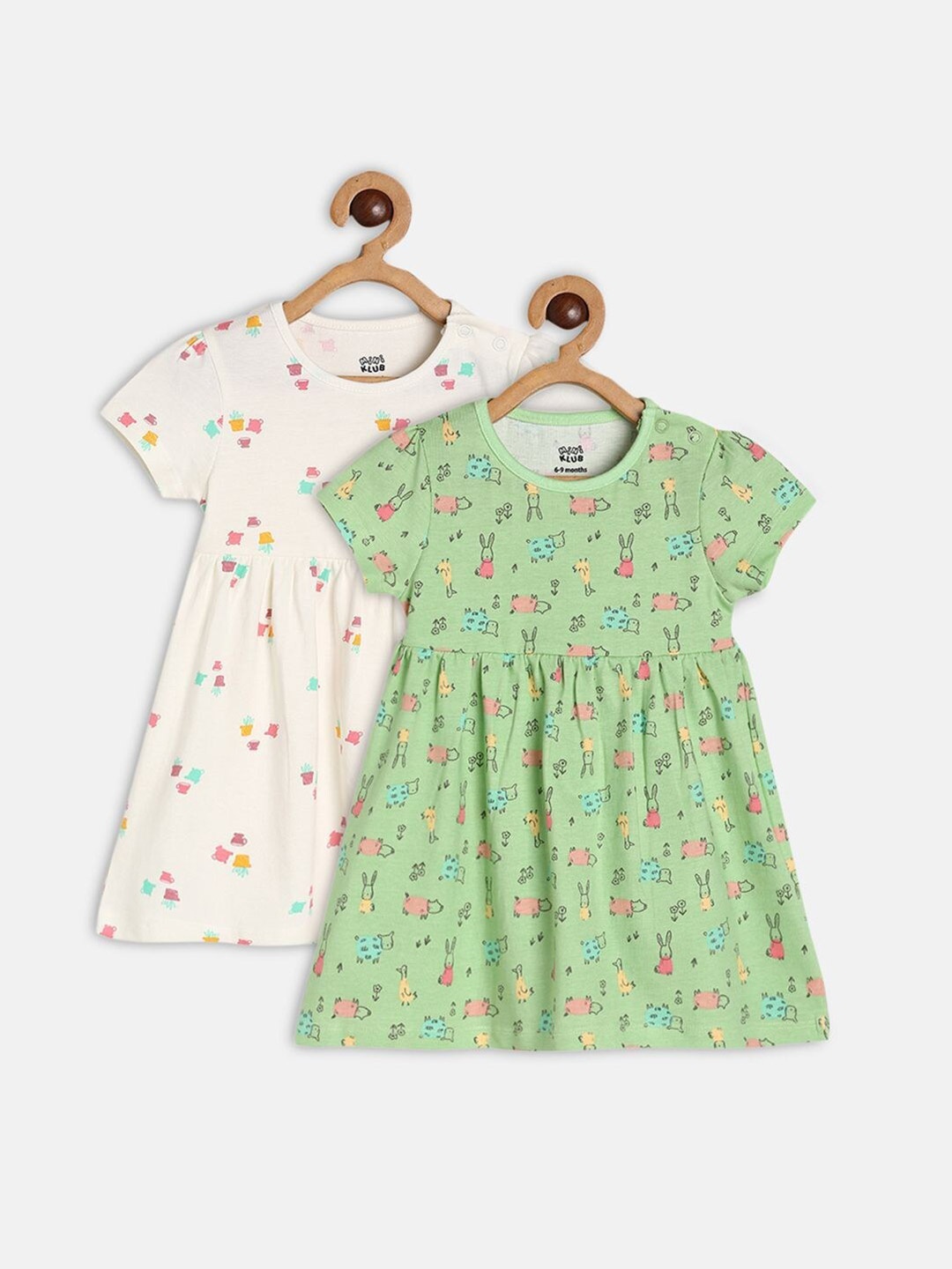 

MINI KLUB Pack of 2 Printed Round Neck Cotton Dress, Cream