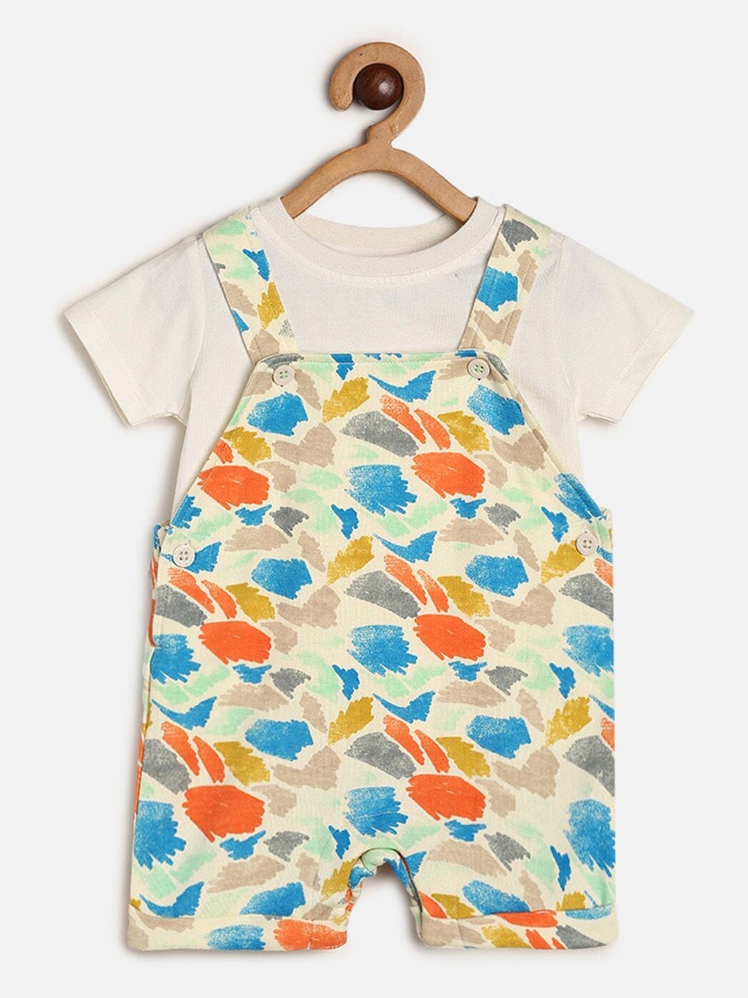 

MINI KLUB Boys Printed Cotton Dungaree With T-Shirt, Cream