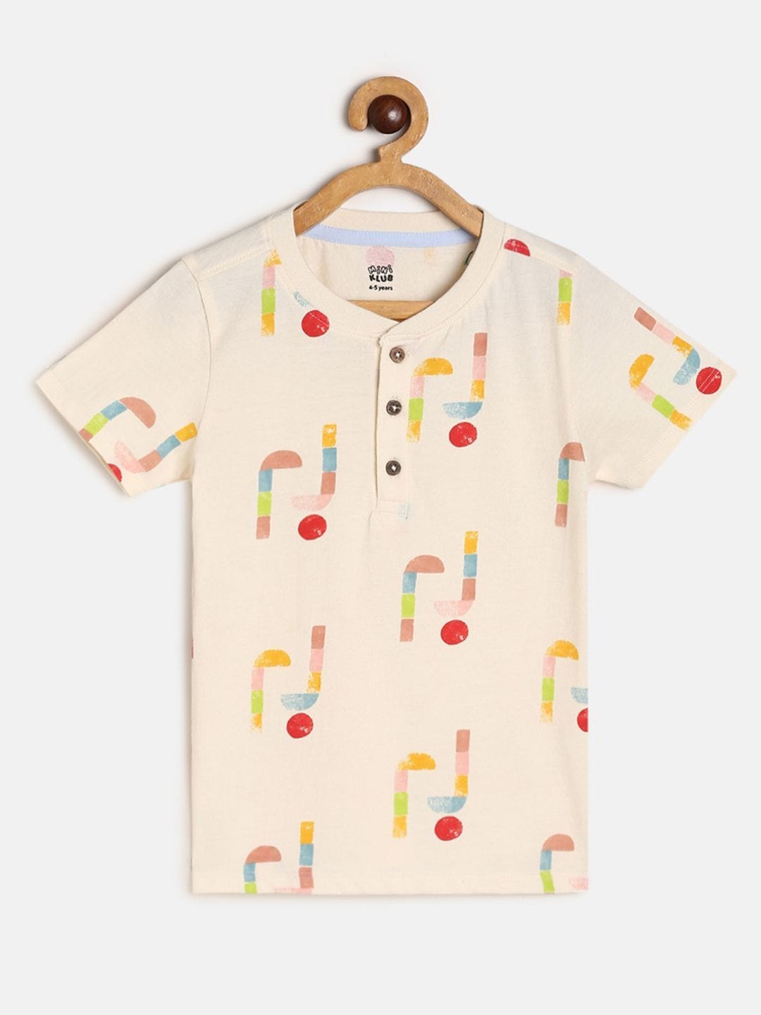 

MINI KLUB Boys Cream-Coloured Printed Henley Neck Pure Cotton T-shirt