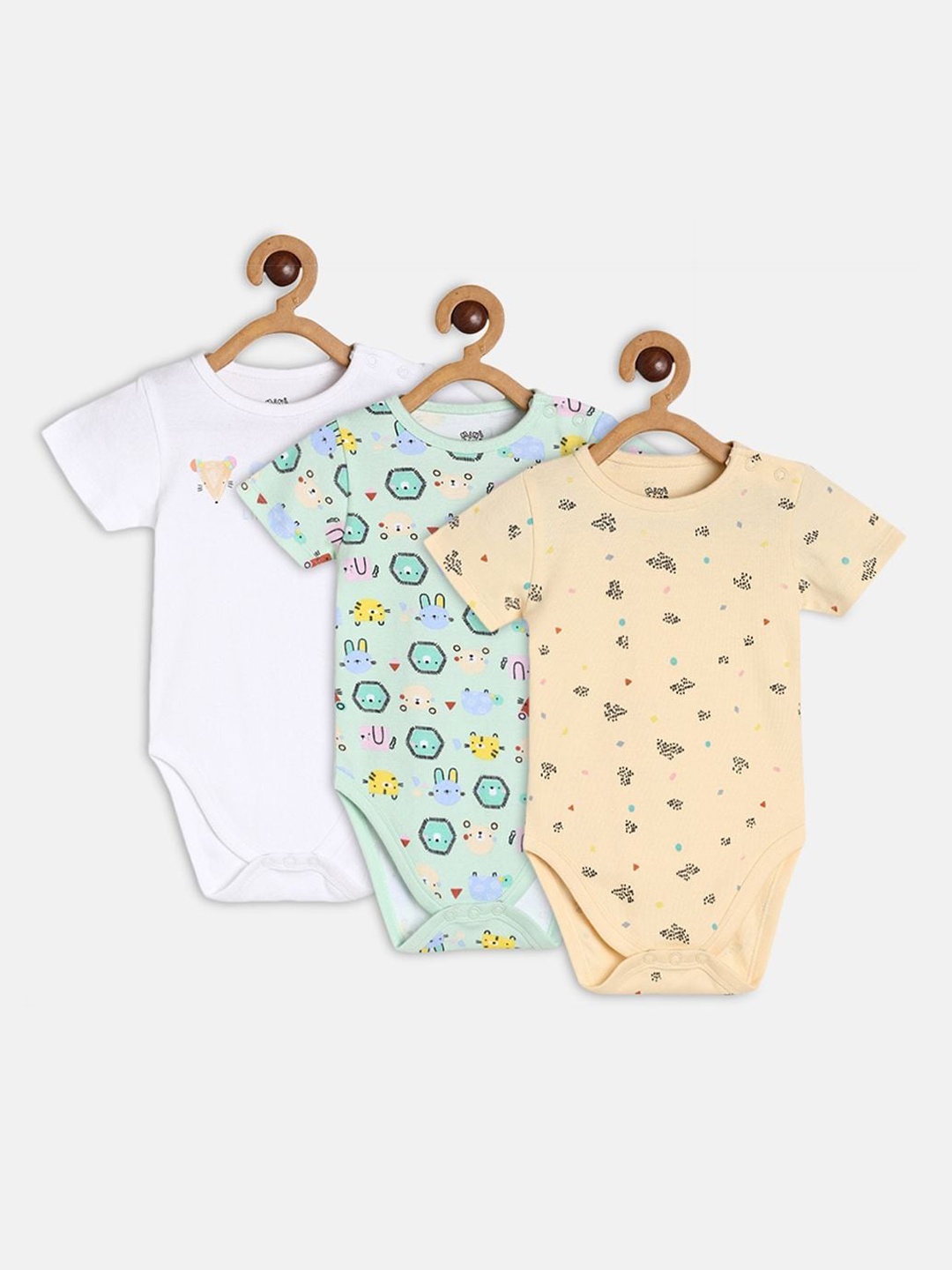 

MINI KLUB Infant Boys Pack Of 3 Printed Pure Cotton Rompers, White
