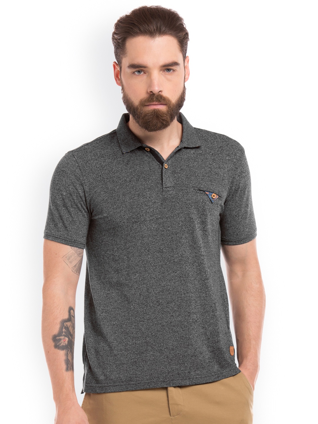 

True Blue Men Grey Solid Polo Collar Slim Fit T-shirt
