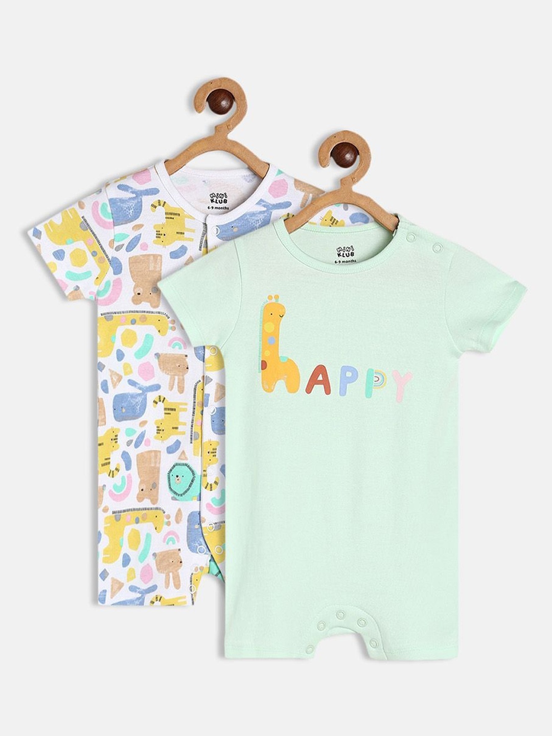

MINI KLUB Infant Boys Pack Of 2 Printed Pure Cotton Rompers, Sea green