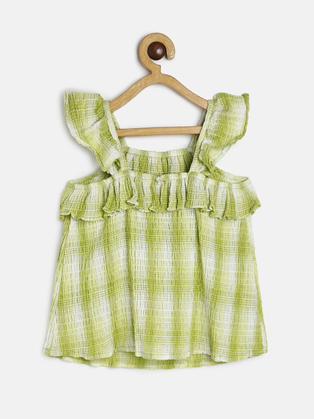 

MINI KLUB Girls Checked Square Neck Cotton Top, Green