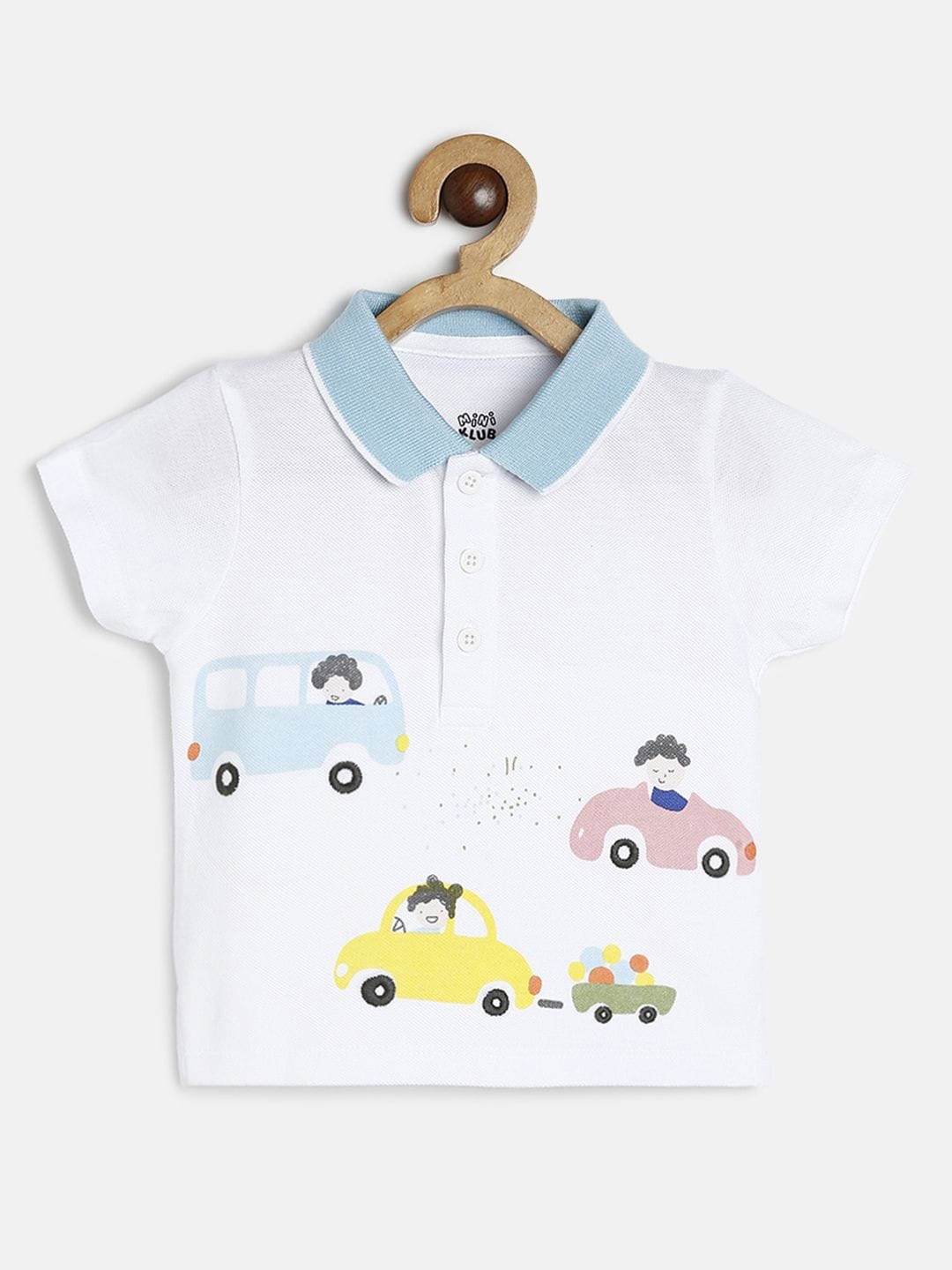 

MINI KLUB Boys White & Blue Printed Polo Collar Pure Cotton T-shirt