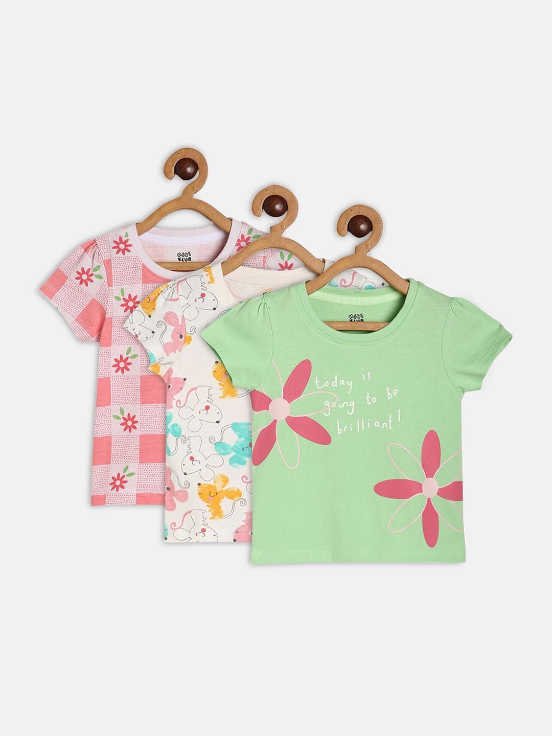 

MINI KLUB Girls Pack Of 3 Floral Printed Pure Cotton Top, Green