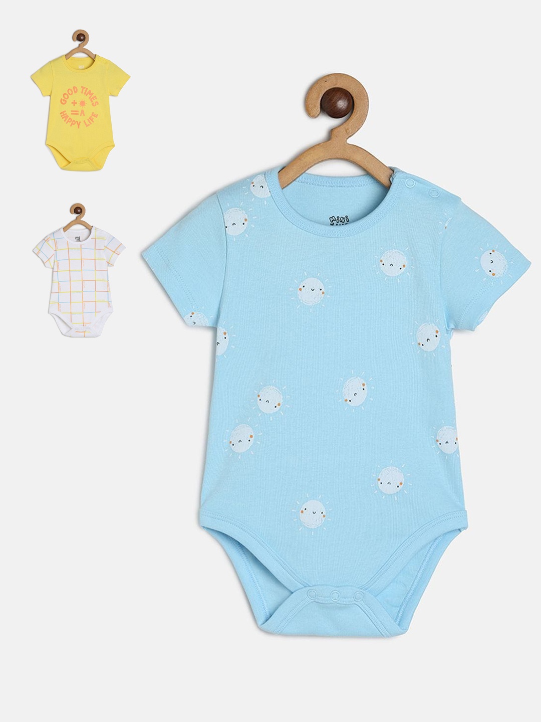 

MINI KLUB Infant Boys Pack Of 3 Self-Designed Cotton Bodysuit, Blue