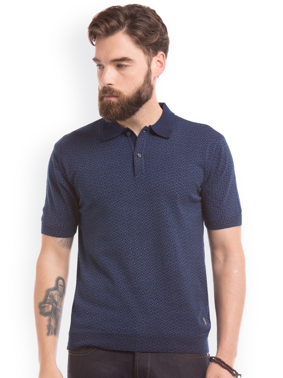 

True Blue Men Navy Blue Printed Polo Collar T-shirt