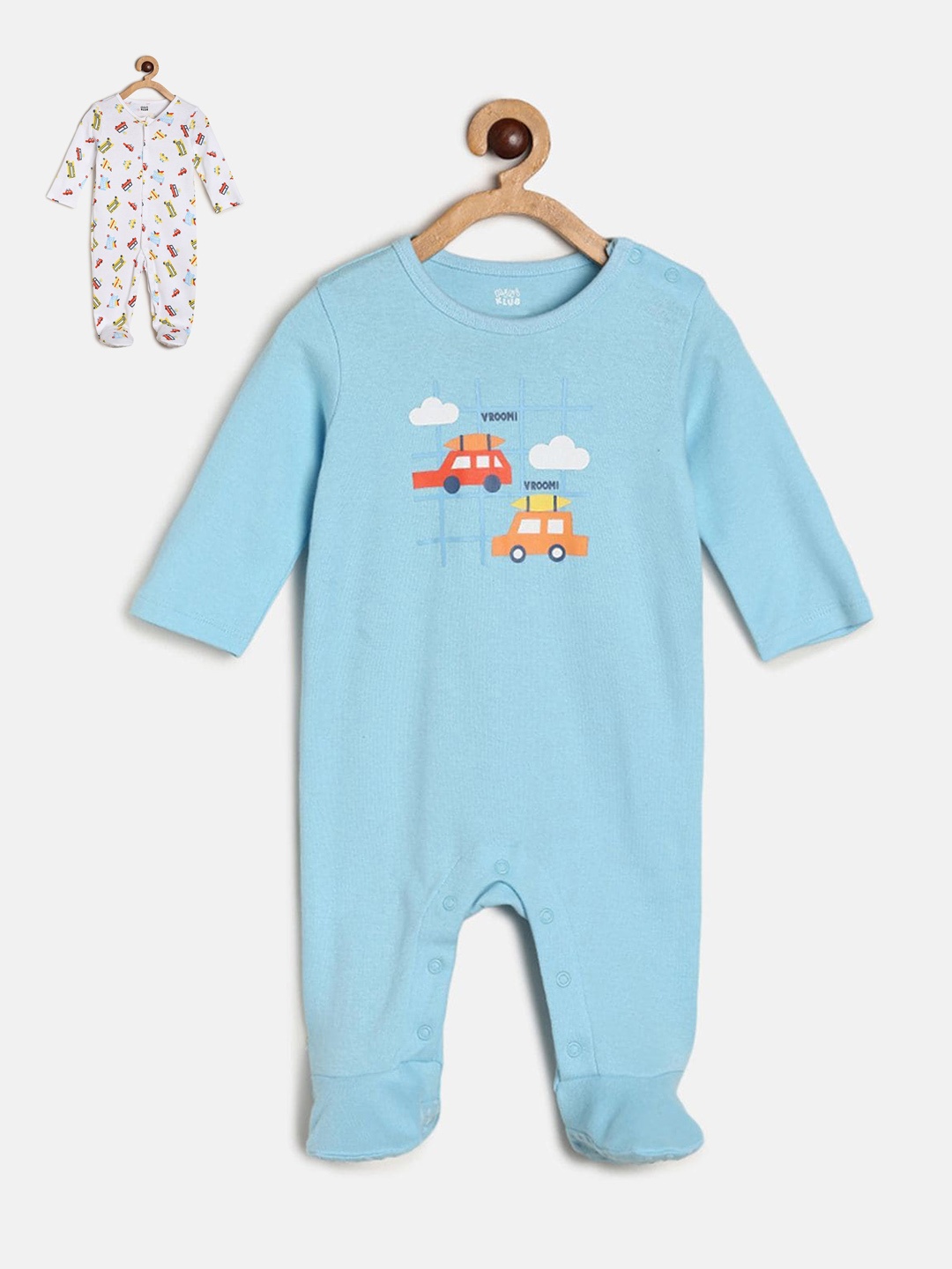 

MINI KLUB Infant Boys Pack Of 2 Printed Pure Cotton Sleepsuits, Turquoise blue