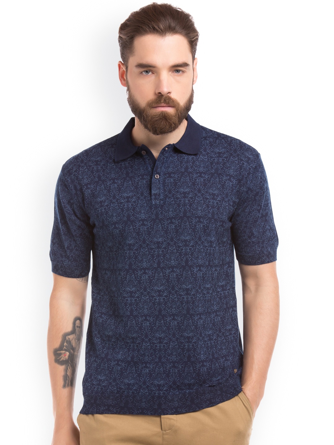 

True Blue Men Navy Blue Printed Polo Collar T-shirt