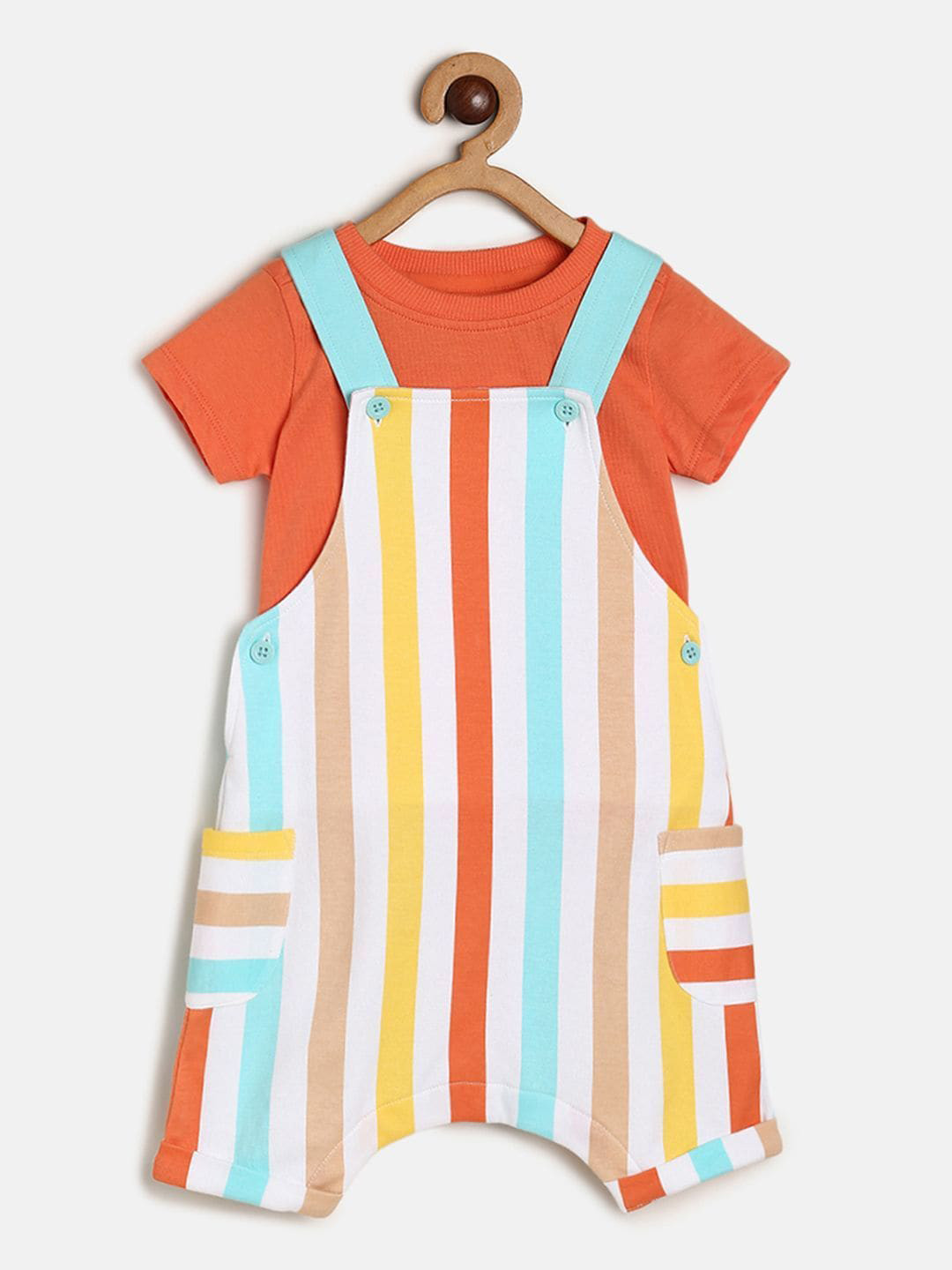 

MINI KLUB Infant Boys Striped Cotton Straight Fit Dungarees With T-Shirt, Off white