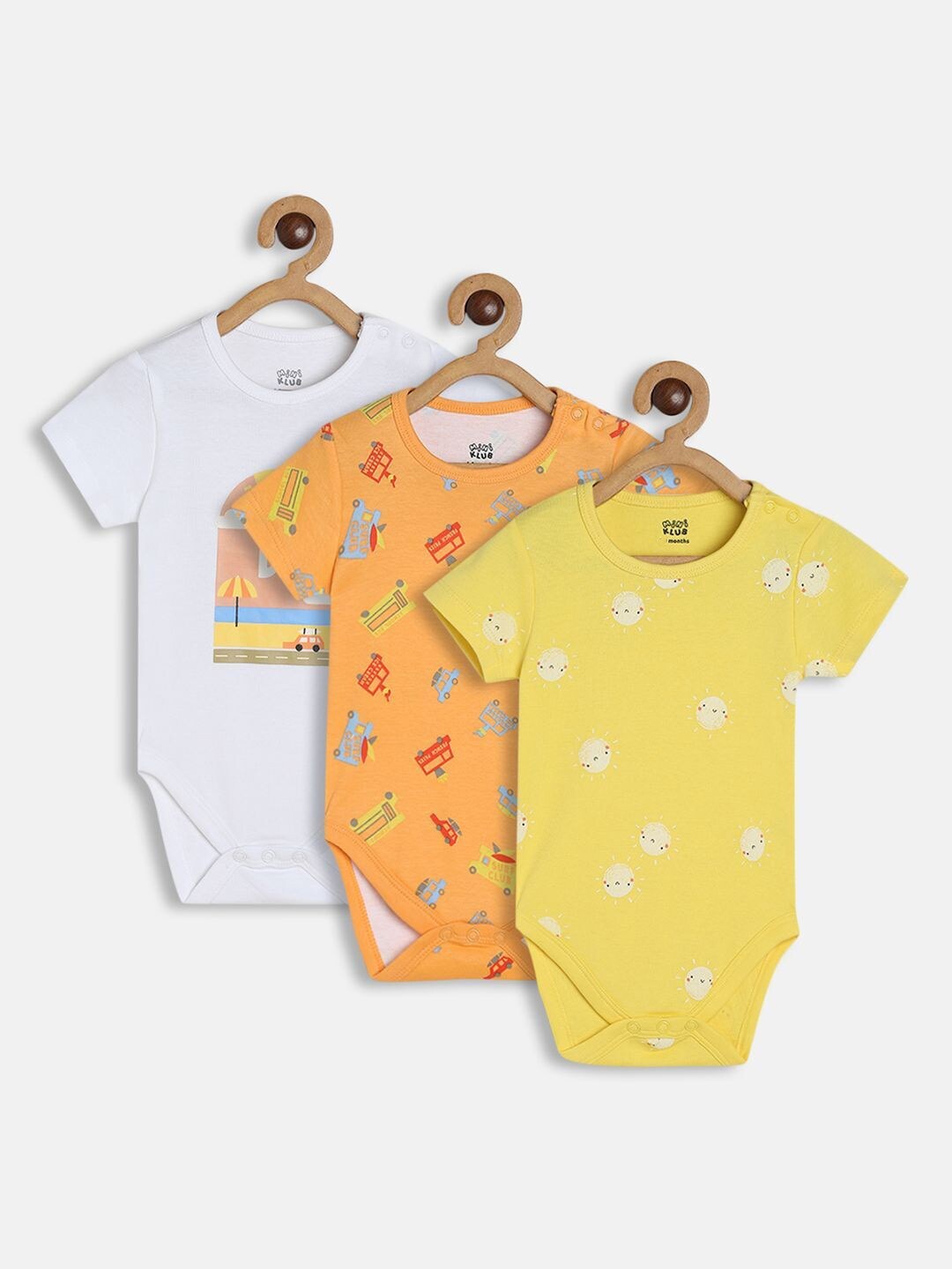 

MINI KLUB Infants Boys Pack Of 3 Printed Pure Cotton Rompers, Yellow