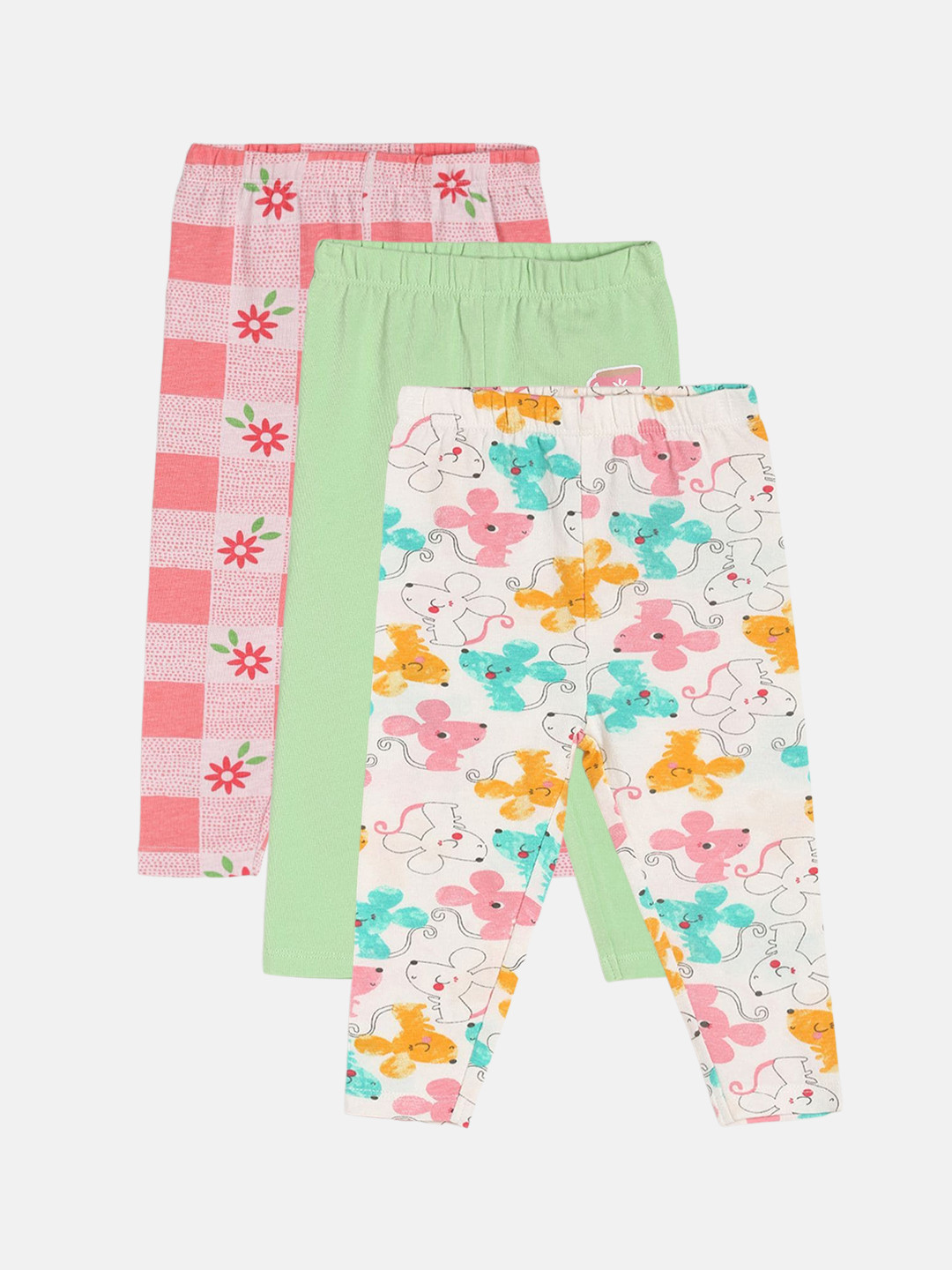 

MINI KLUB Infant Girls Pack Of 3 Printed Mid-Rise Lounge Pants, Pink