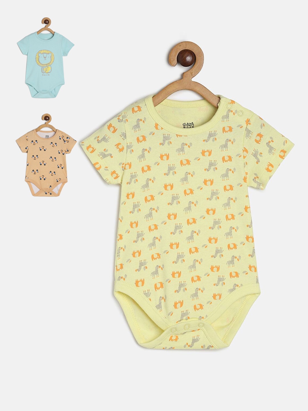 

MINI KLUB Infant Boys Pack Of 3 Printed Pure Cotton Bodysuits, Yellow