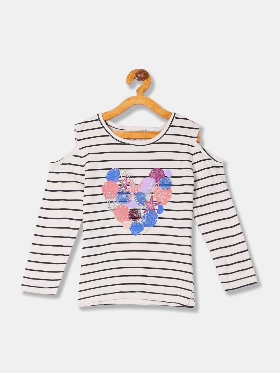 

V-Mart Girls Striped Cold Shoulder Long Sleeve Cotton T-shirt, White