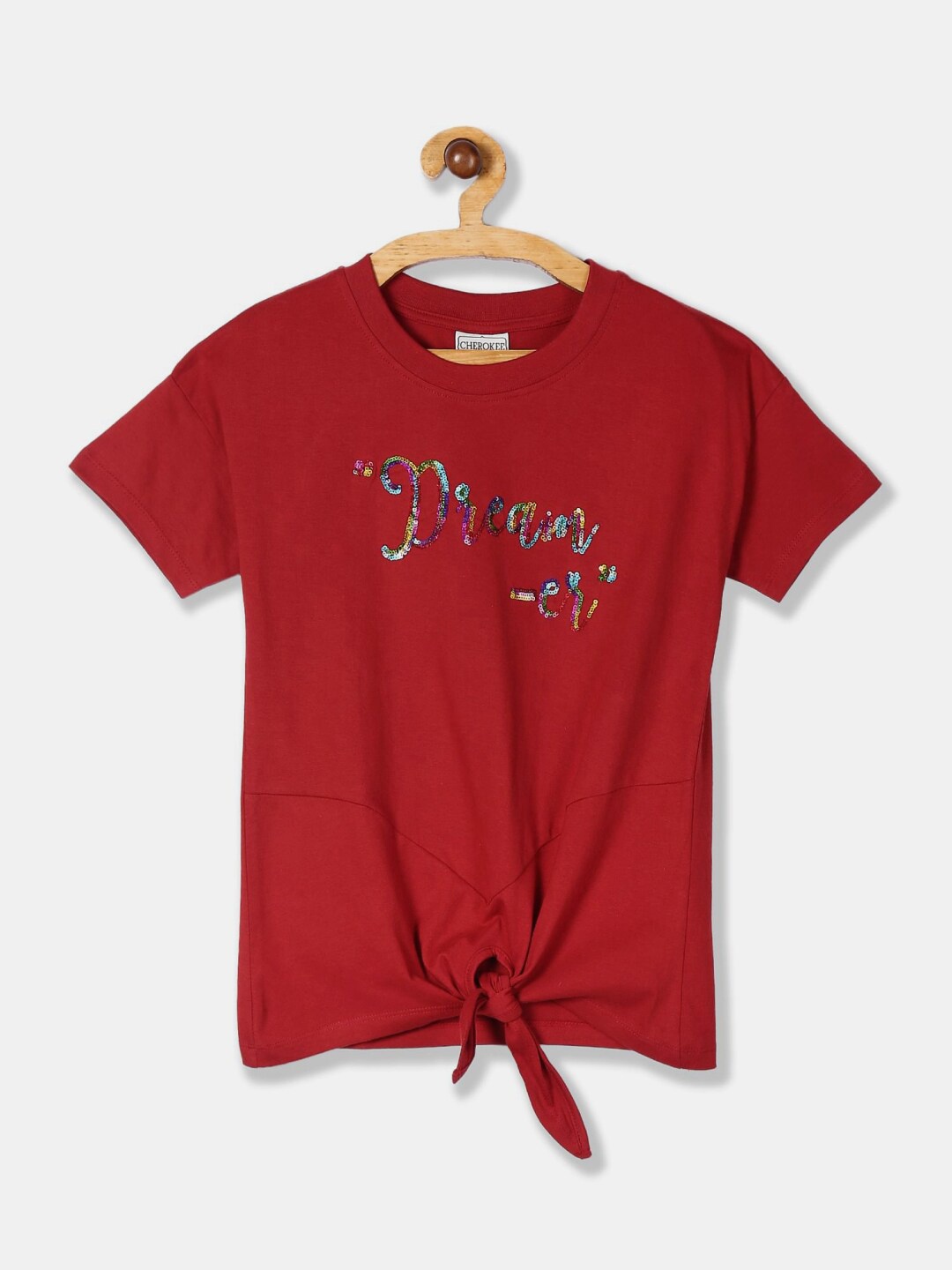 

V-Mart Girls Round Neck Embellished Cotton T-shirt, Red