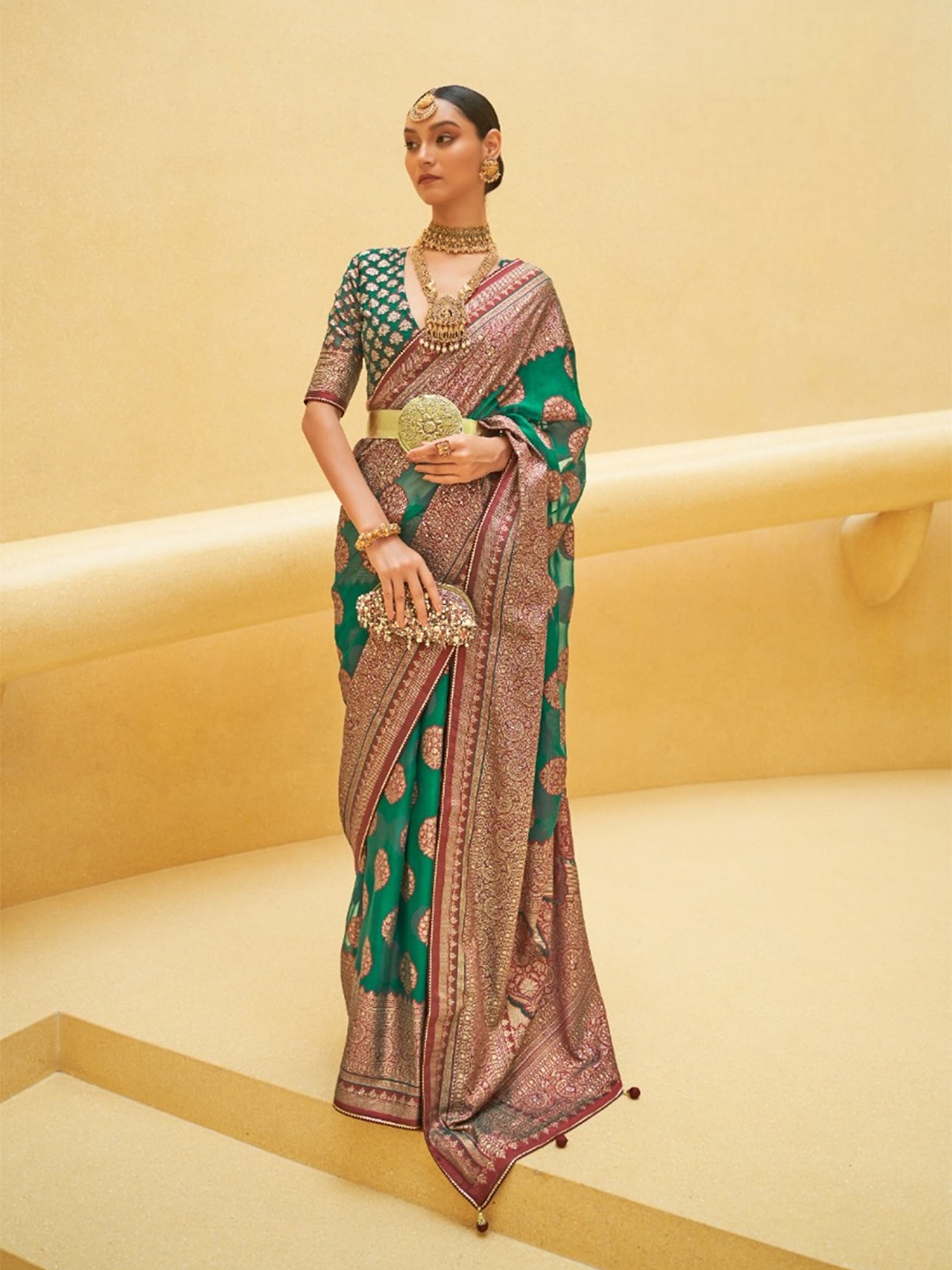 

Mitera Woven Design Zari Banarasi Saree, Green