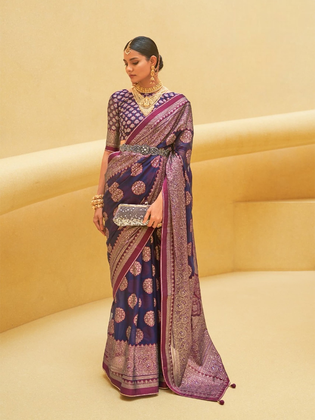 

Mitera Ethnic Motifs Woven Design Gotta Patti Embellished Banarasi Saree, Navy blue