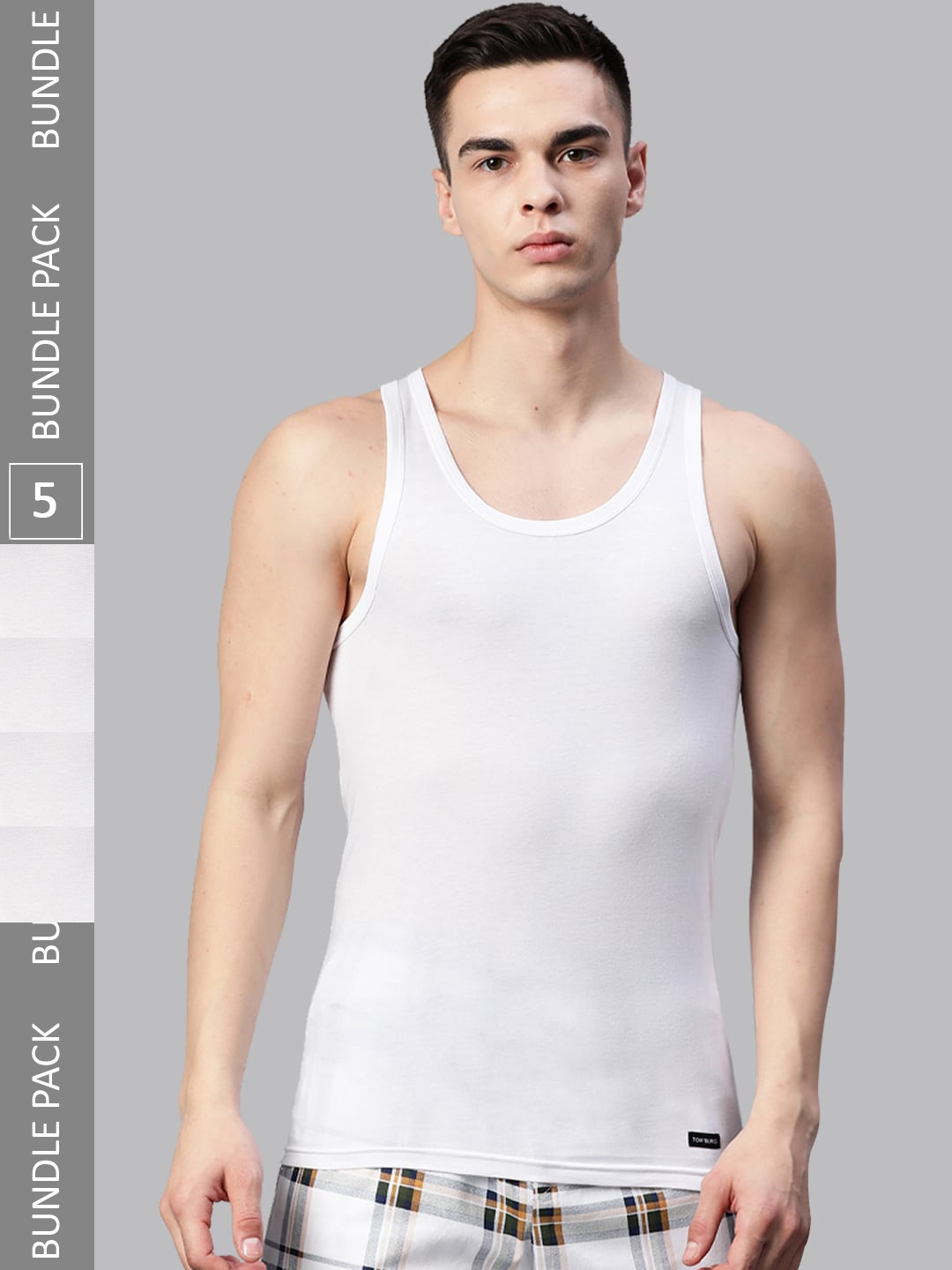 

TOM BURG Men Pack Of 5 Sleeveless Basic Innerwear Vests, White