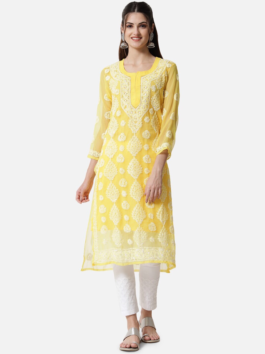 

PARAMOUNT CHIKAN Floral Embroidered Chikankari Kurta with Trousers, Yellow