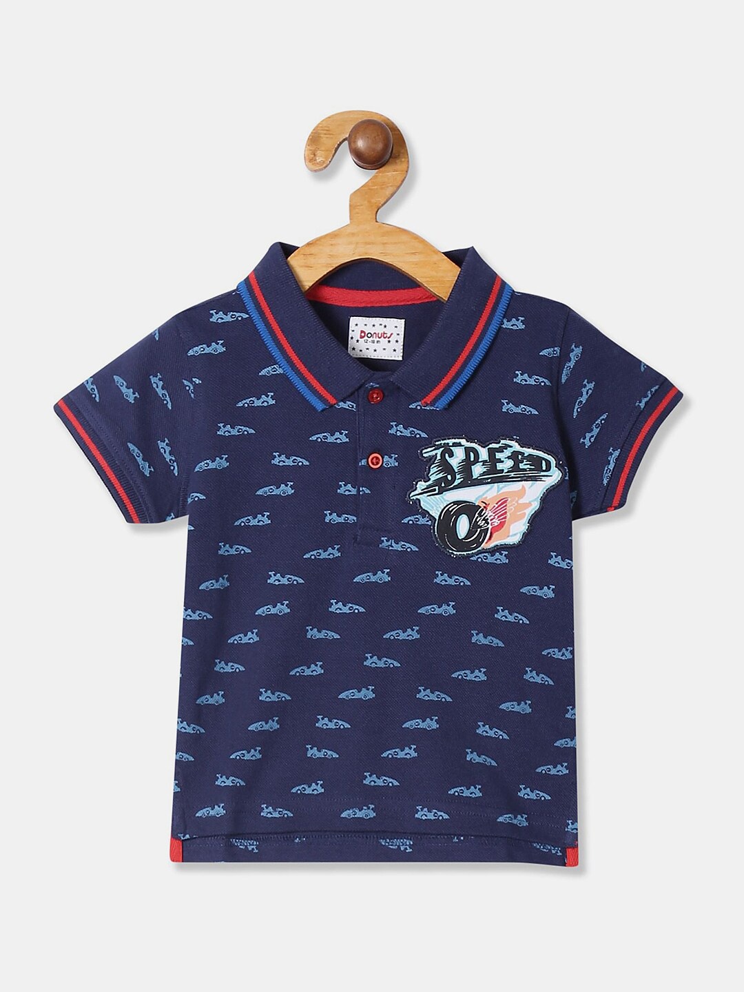 

V-Mart Kids Blue Printed Polo Collar Applique Cotton T-shirt