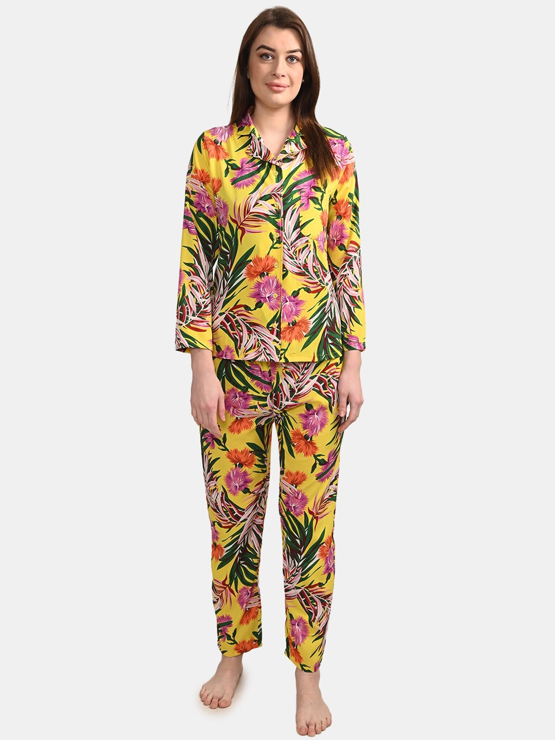 

BuckleUp Women 2 Pieces Floral Printed Night Suit, Yellow