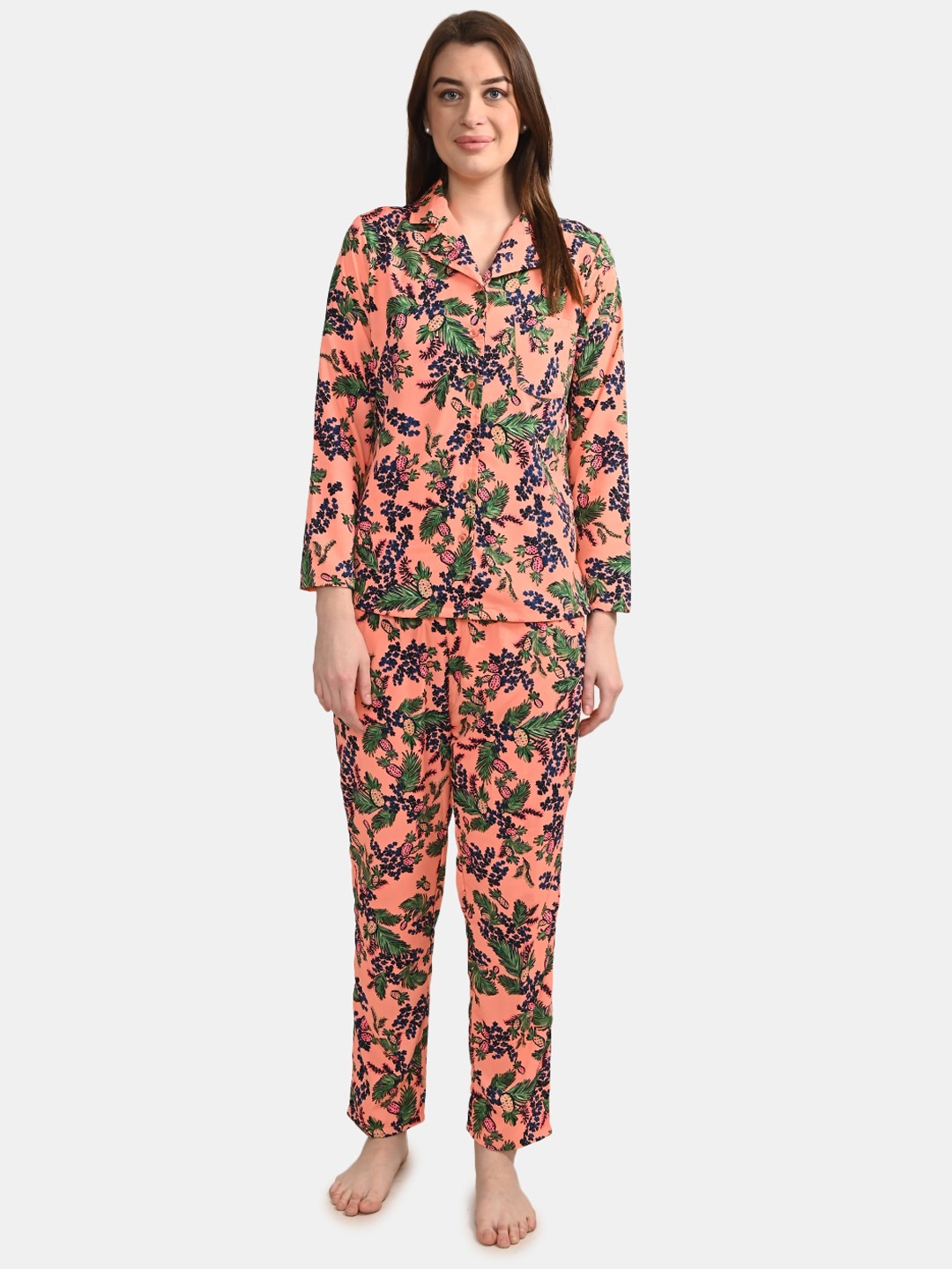 

BuckleUp Women 2 Pieces Printed Night Suit, Orange