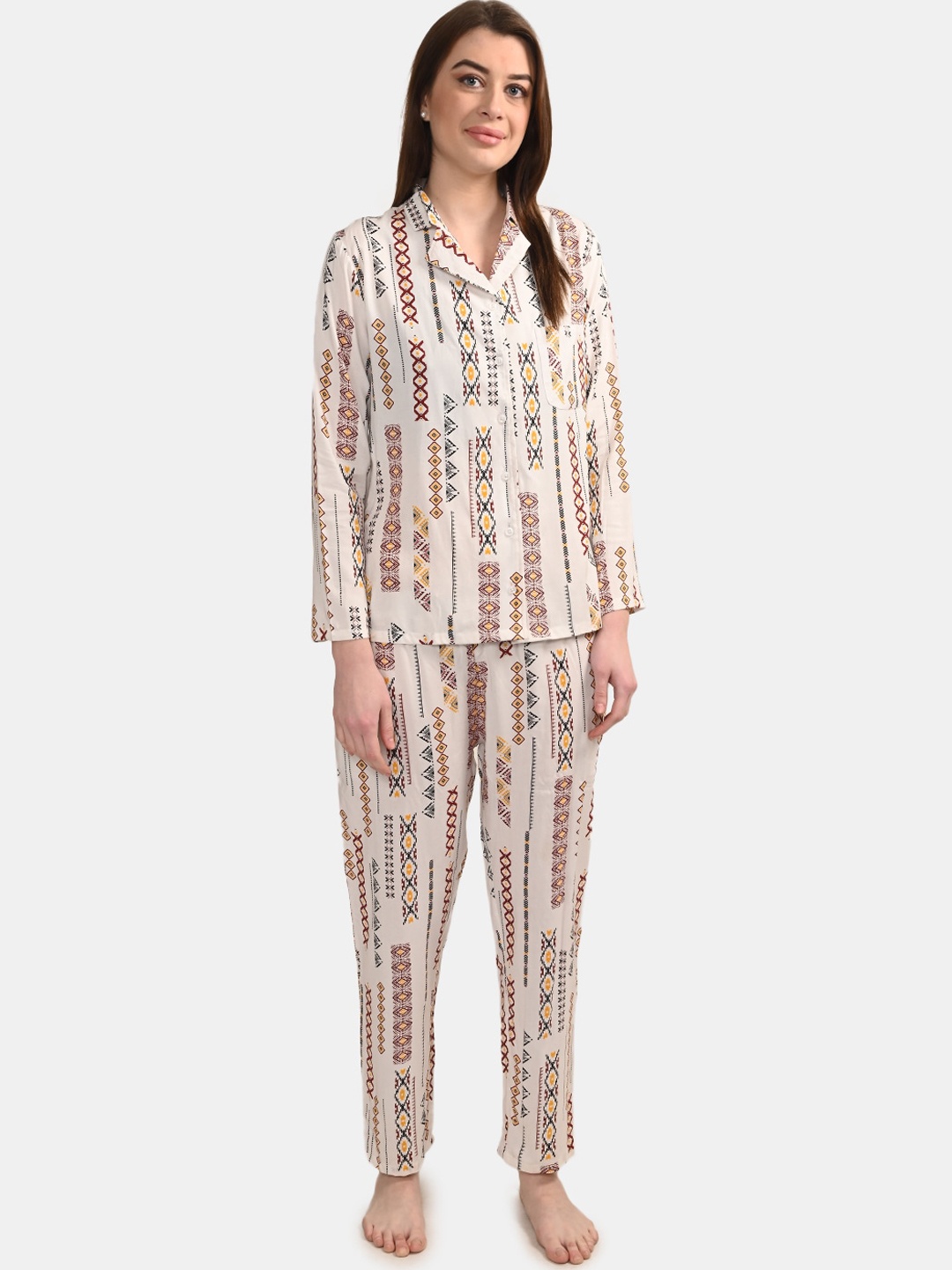 

BuckleUp Women 2 Pieces Ethnic Motifs Printed Night Suit, White