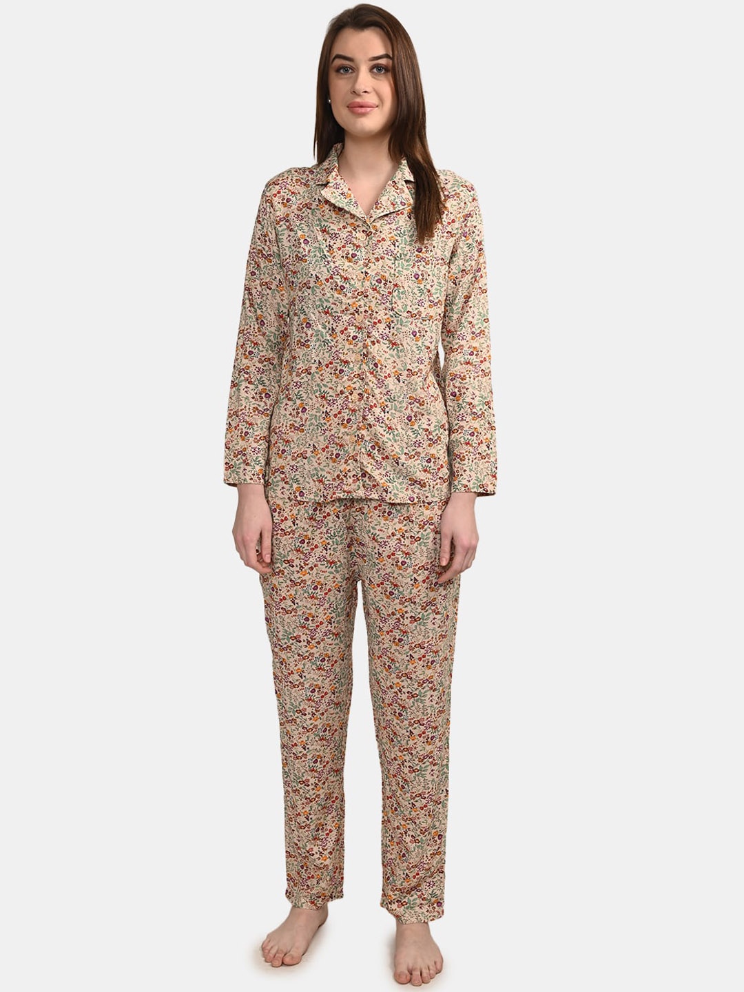 

BuckleUp Women 2 Pieces Floral Printed Night Suit, Peach