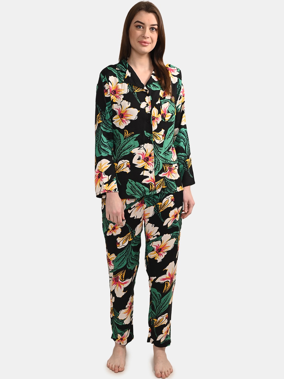 

BuckleUp Women 2 Pieces Floral Printed Night Suit, Black