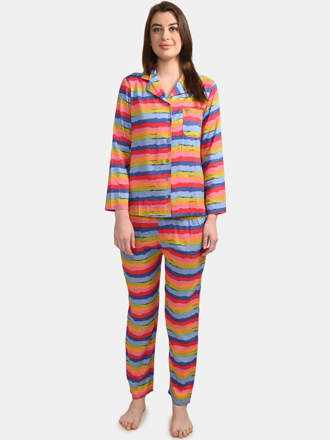 

BuckleUp Women 2 Pieces Striped Night Suit, Blue