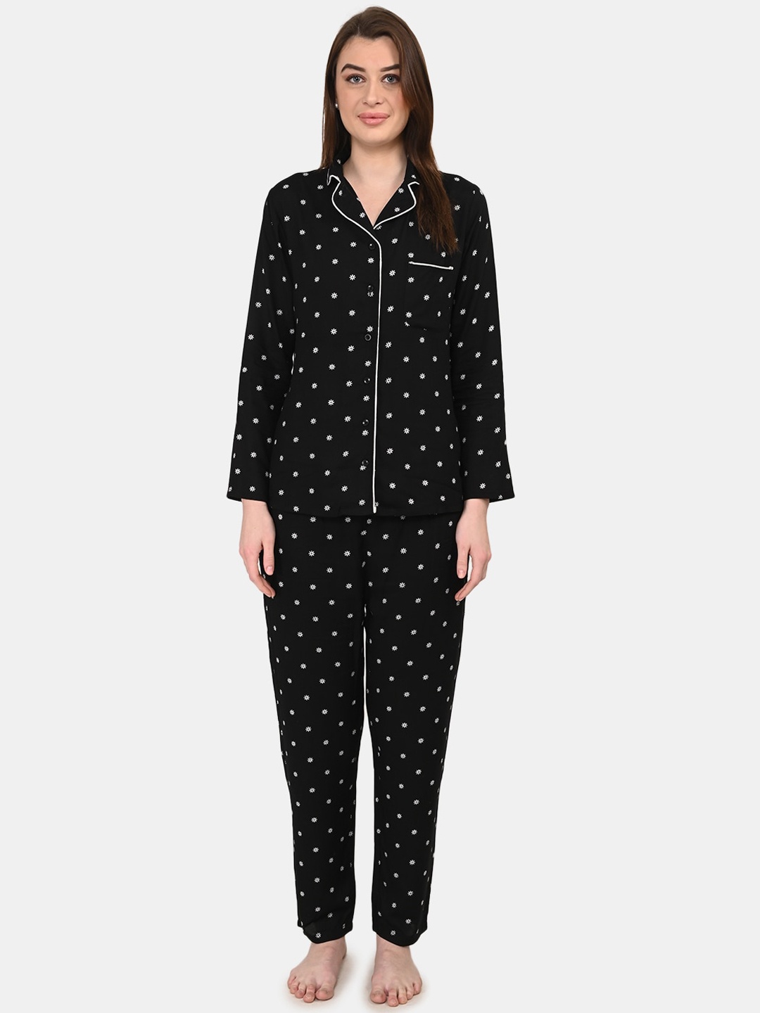 

BuckleUp Women 2 Pieces Floral Printed Night Suit, Black
