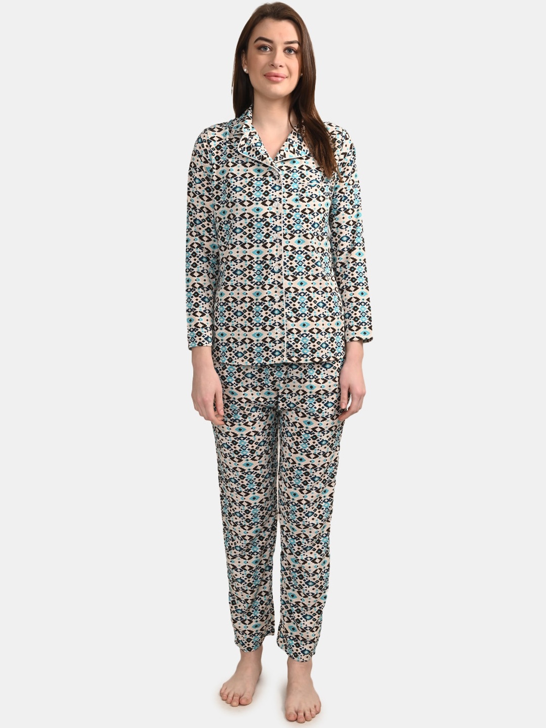 

BuckleUp Women 2 Pieces Geometric Printed Night Suit, Cream