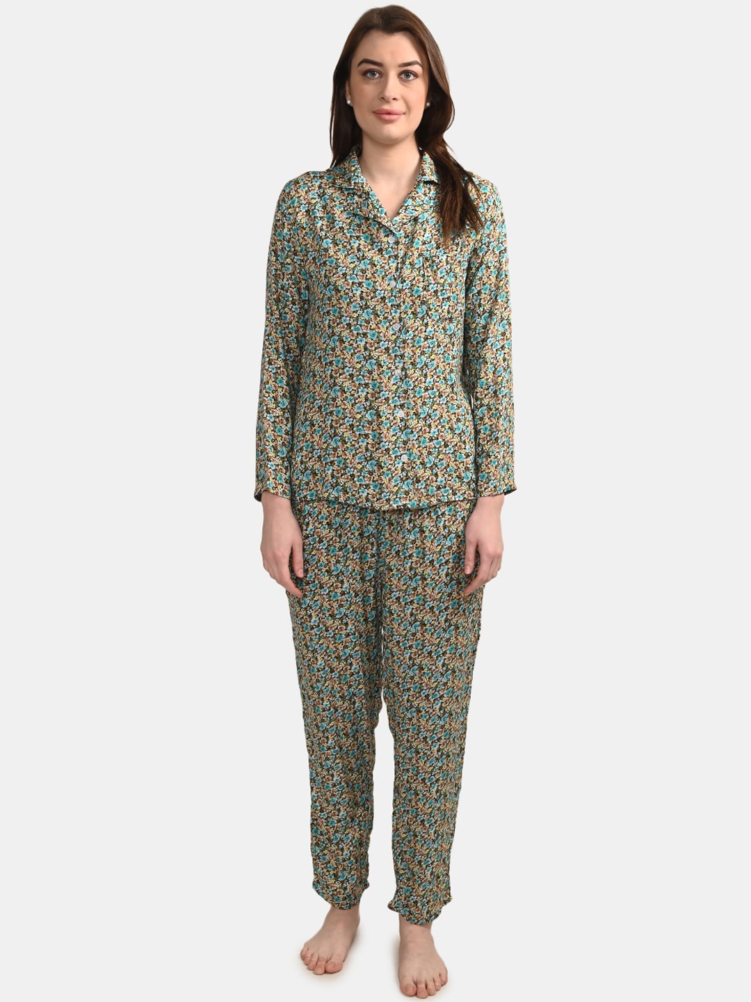 

BuckleUp Women 2 Pieces Floral Printed Night Suit, Black